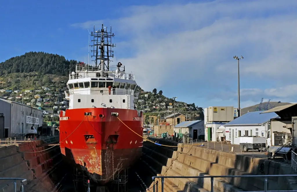 Offshore support vessel raised in a dry dock for hull work
